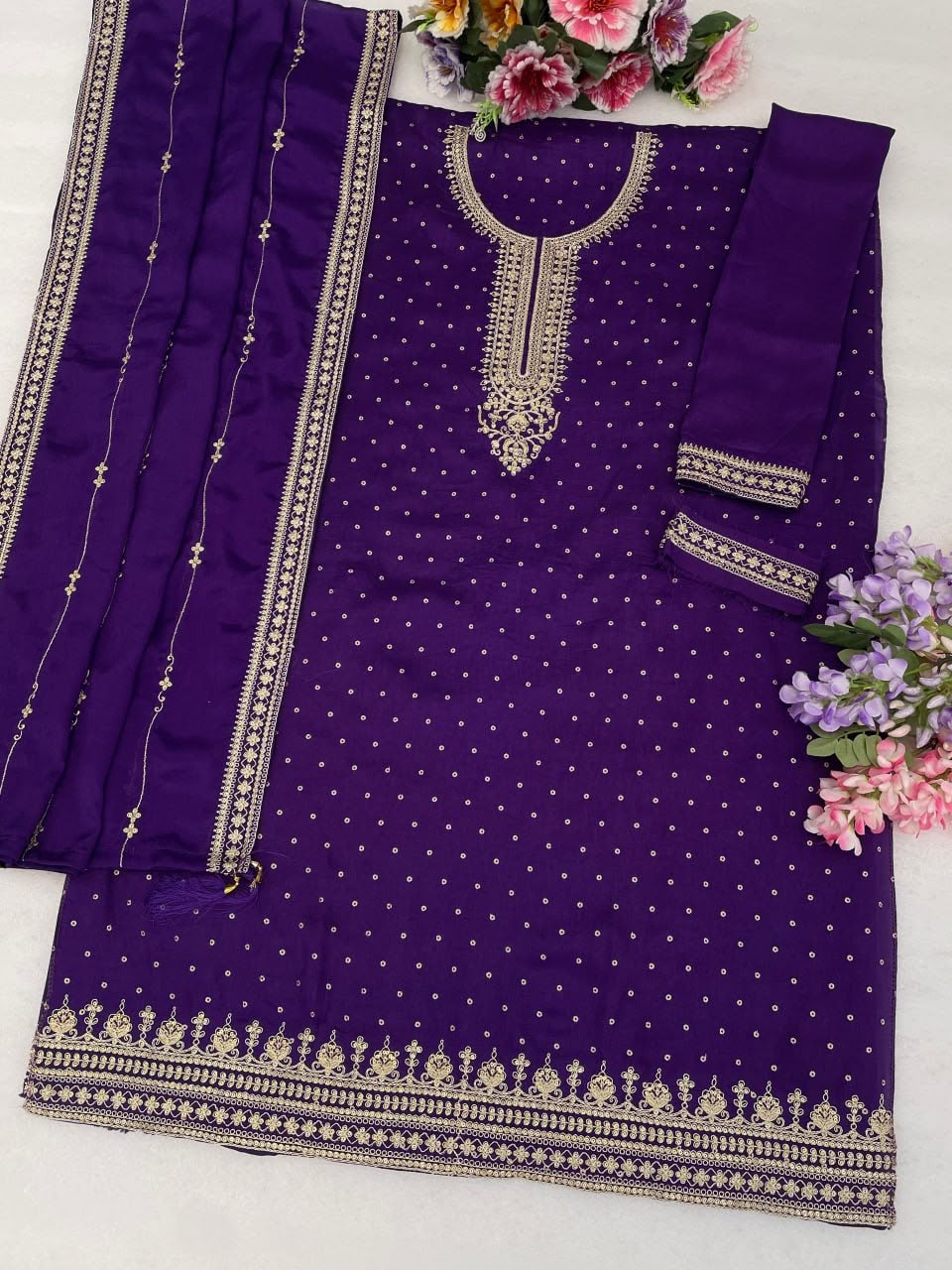 Heavy Pure Viscose Dola Silk with Embroidery Work - 3-piece suit
