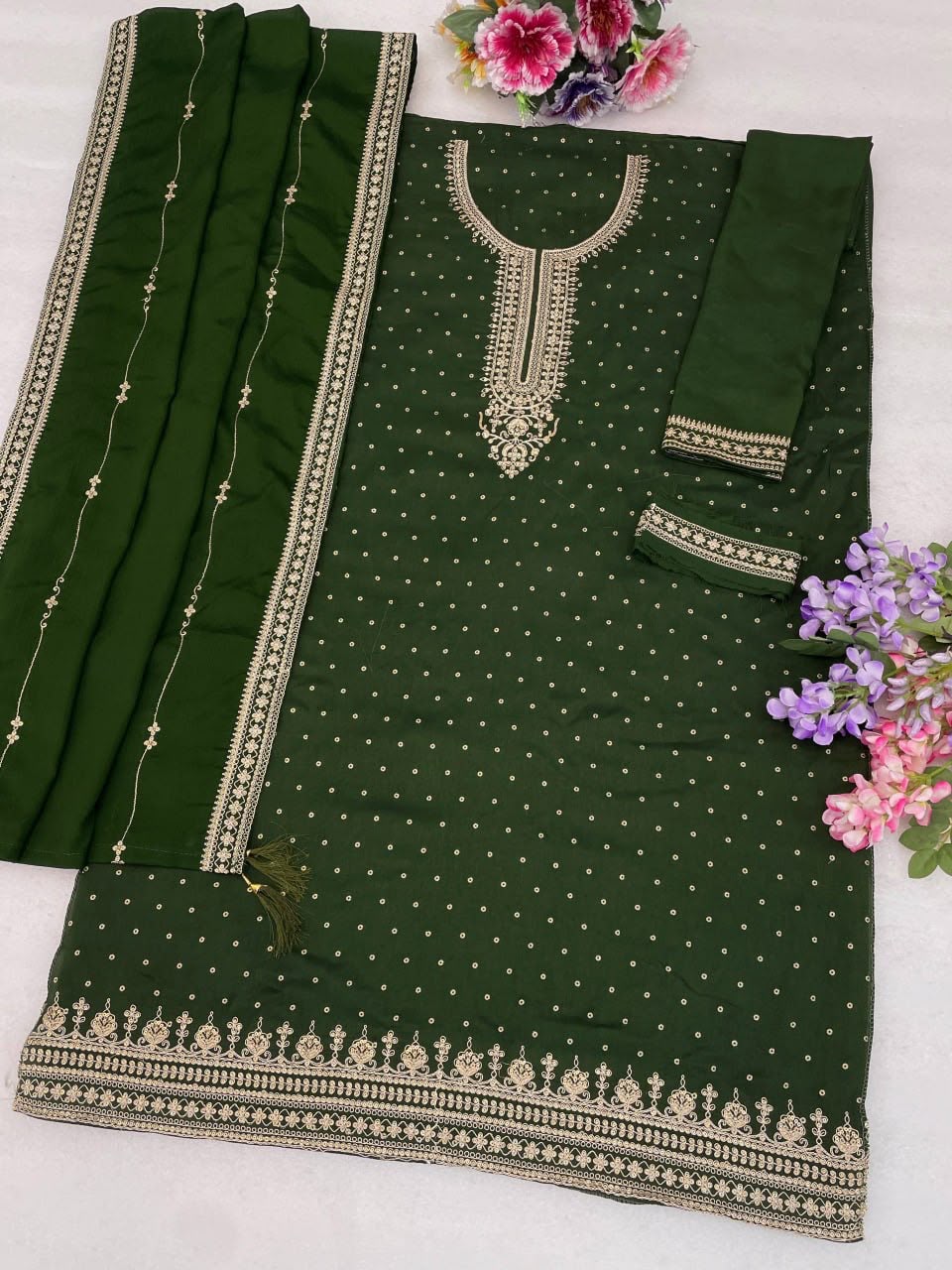 Heavy Pure Viscose Dola Silk with Embroidery Work - 3-piece suit