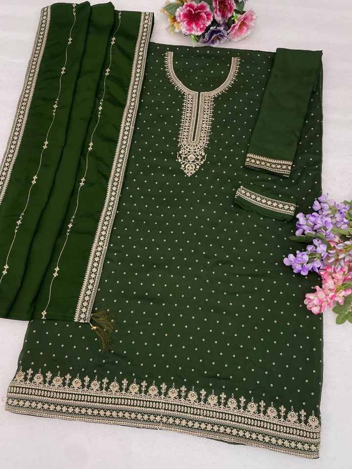 Heavy Pure Viscose Dola Silk with Embroidery Work - 3-piece suit