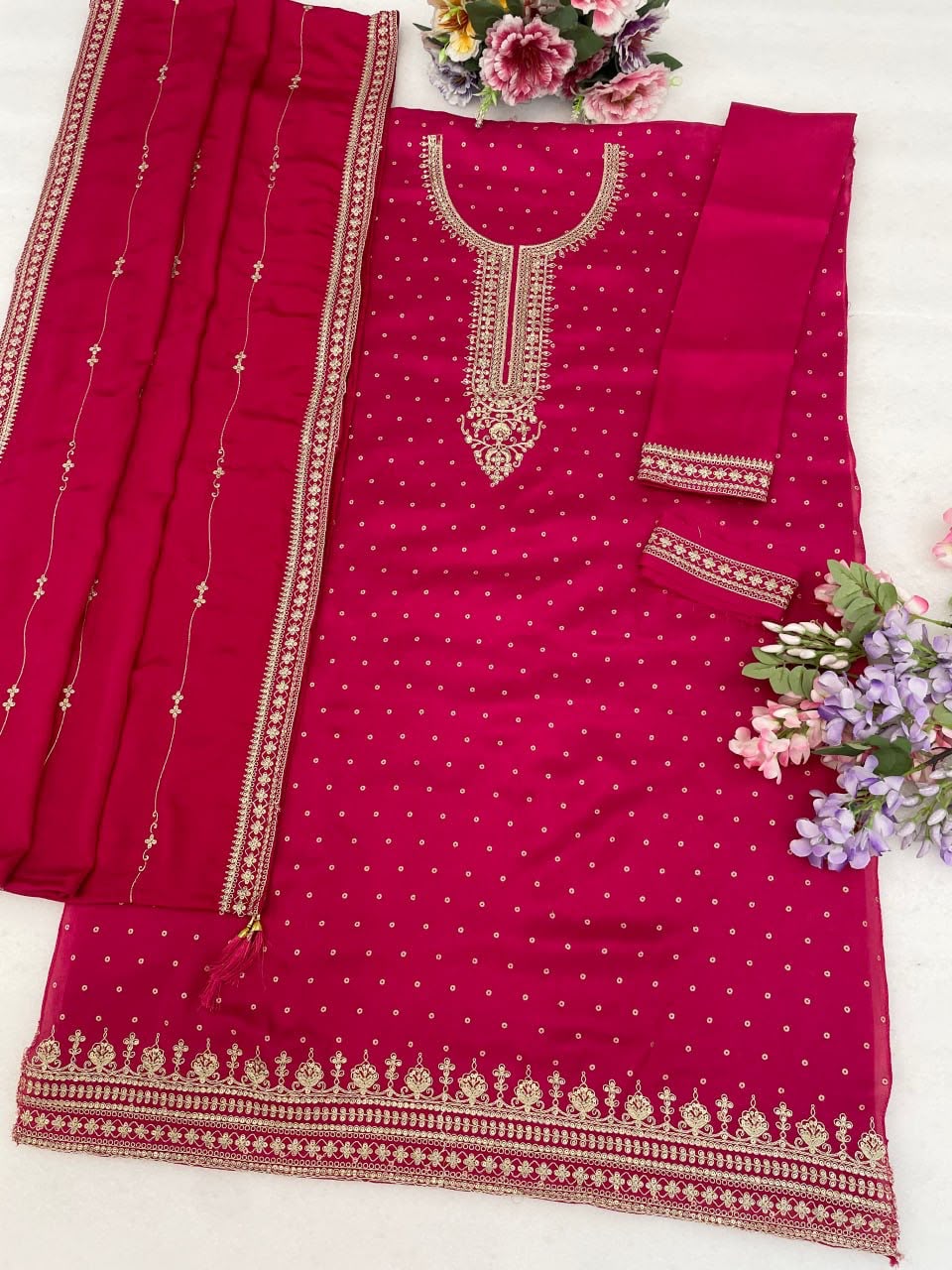 Heavy Pure Viscose Dola Silk with Embroidery Work - 3-piece suit