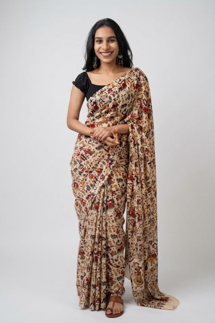 Faux Georgette Kalamkari Print Saree For Women