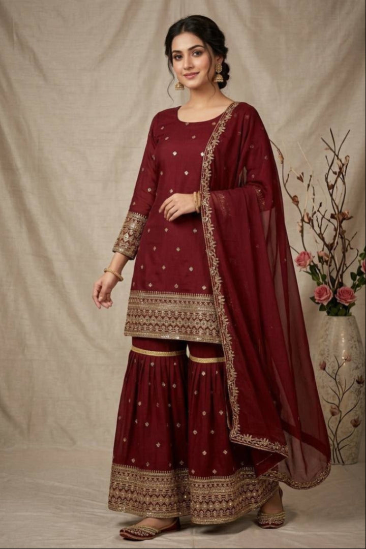 Diwali Special Ready-to-Wear Heavy Vichitra Silk Embroidered Sharara Suit Set