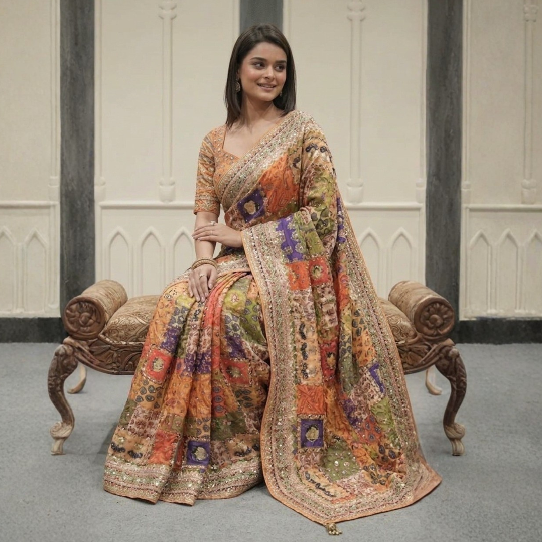 Designer Yellow Blouse Chinon Silk Saree Collection For Women