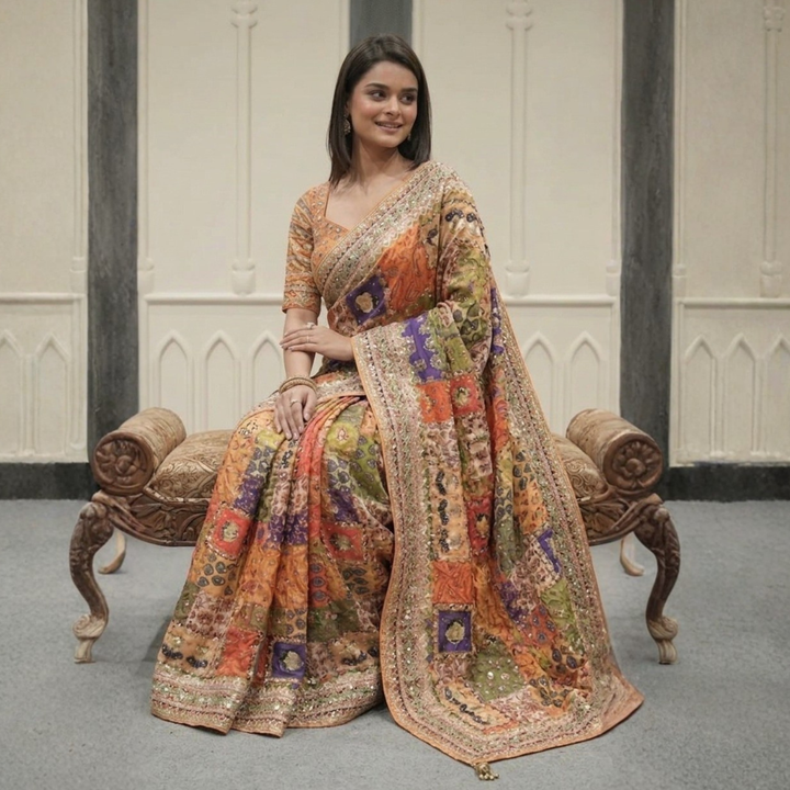 Designer Yellow Blouse Chinon Silk Saree Collection For Women