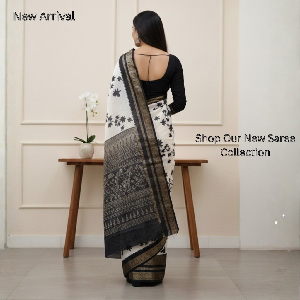 Classic Unstitched  Black And White Contrast Saree