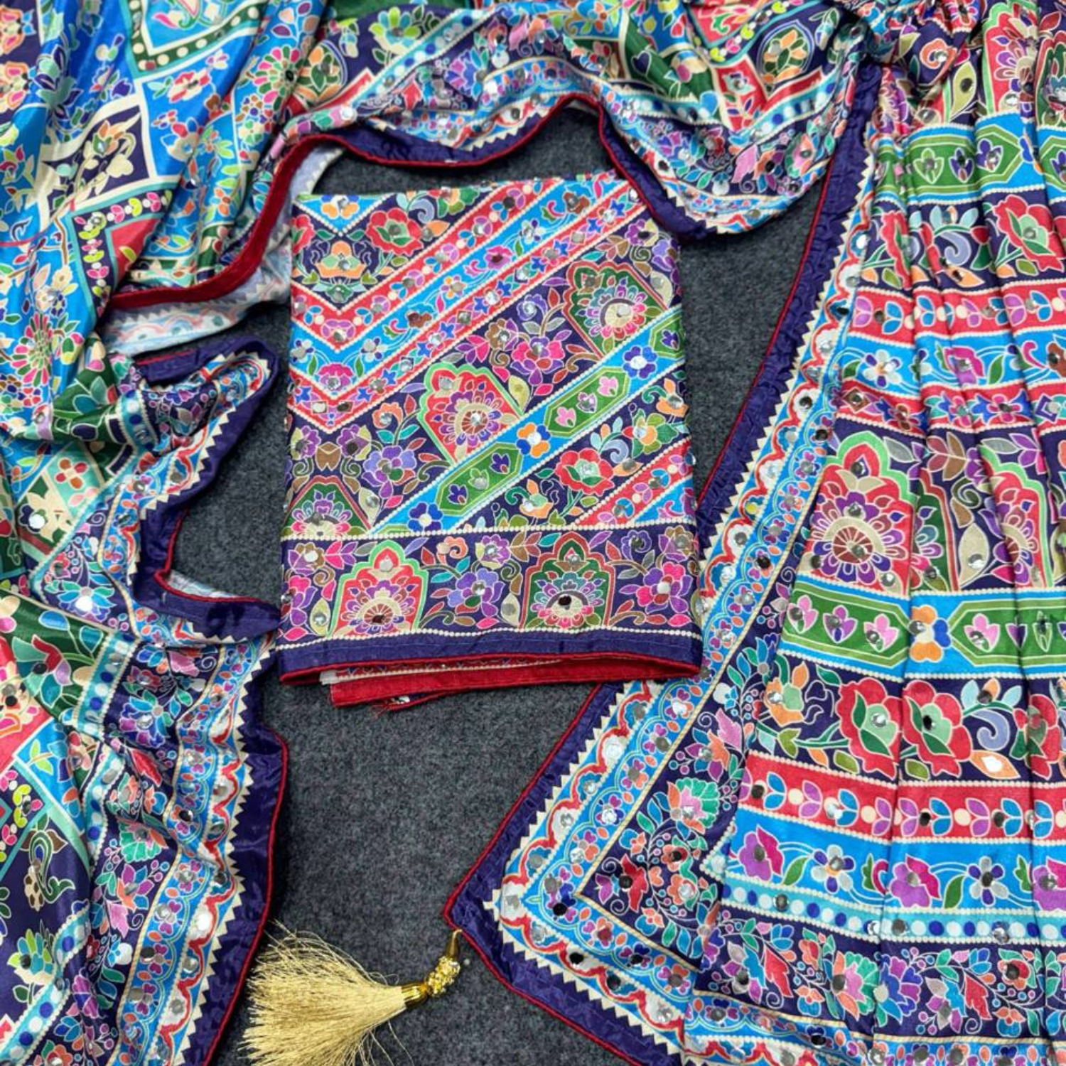 Designer Chinon Silk Saree With Piping Border Latkan Tassels  &  Mirror Work  Collection For Women