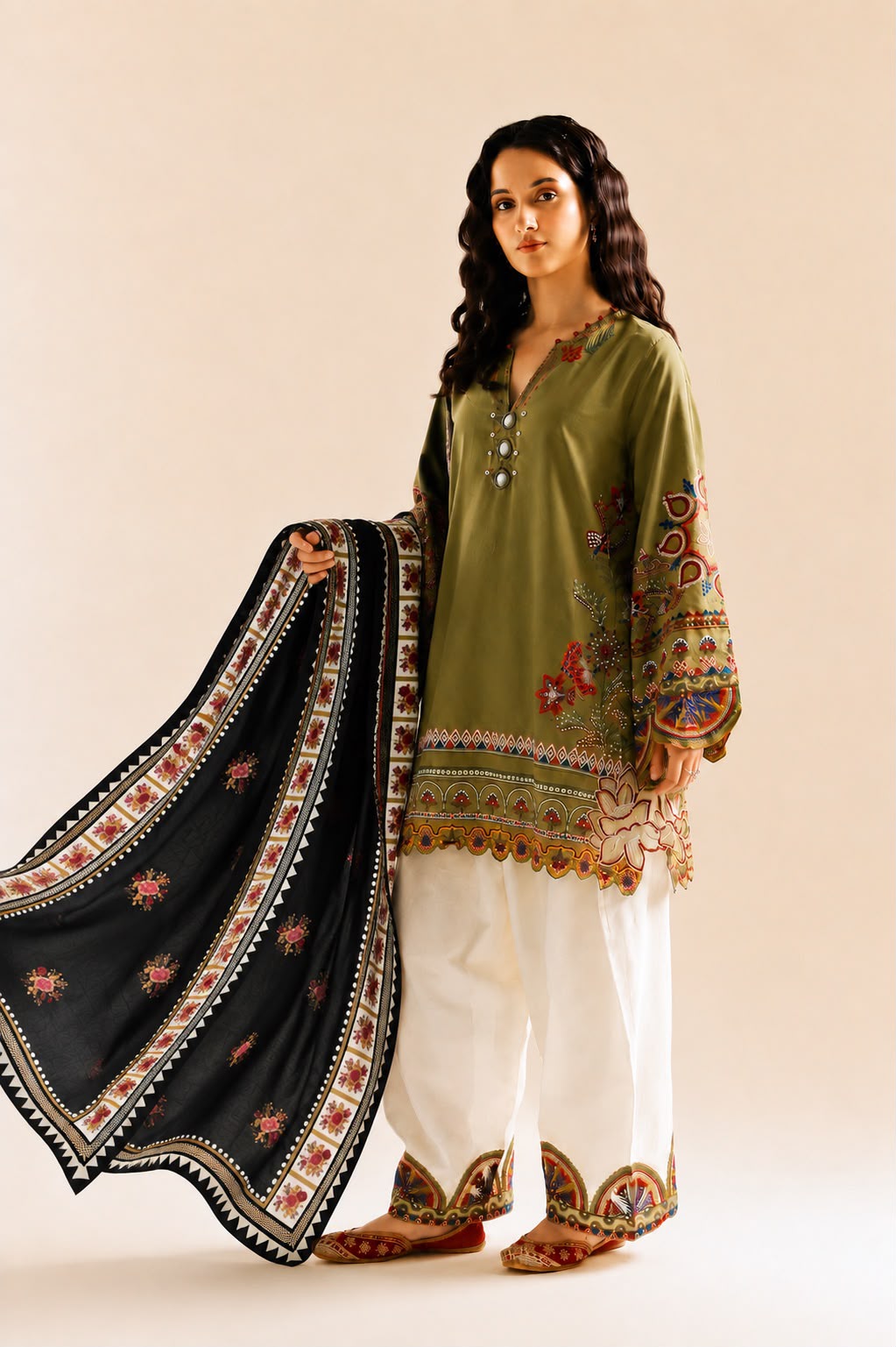Heavy Embroidered 3-Piece Farshi Trouser Suit with Chiffon  Dupatta | Ready To Wear