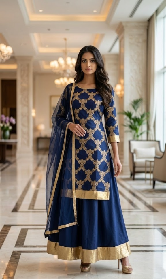Heavy Rayon Gold Printed Dress With Skirt For Women