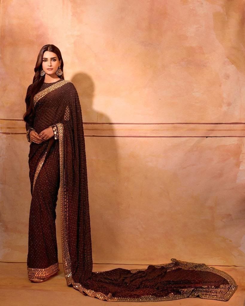 Women's Type Faux Georgette Dark Wine Saree With Blouse