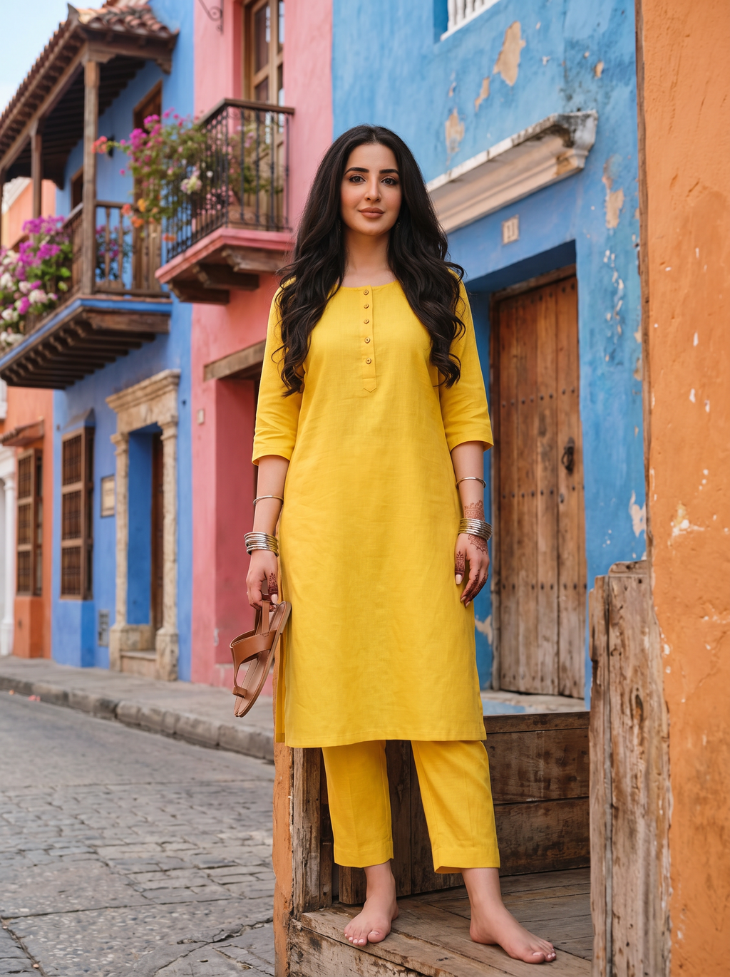 Rayon Yellow 2pcs Suit For Women Limited Stock 002