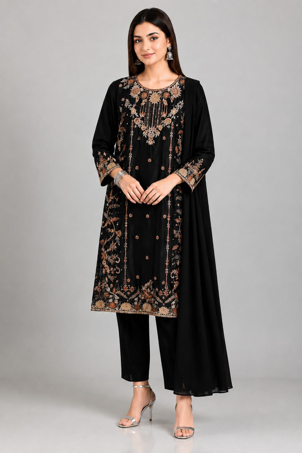 Black Premium Shesha Silk 3-Piece Formal Suit - front