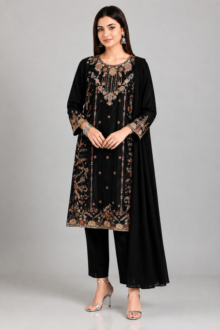 Black Premium Shesha Silk 3-Piece Formal Suit - front