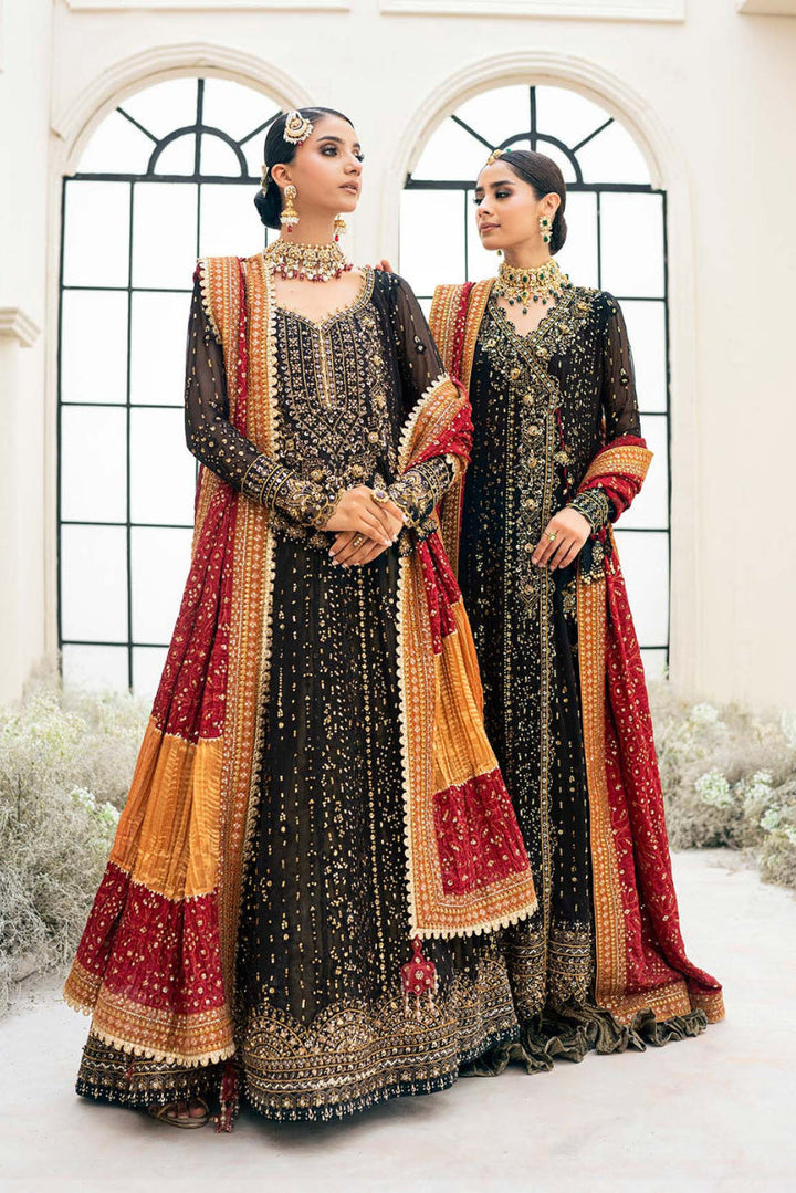 Black Chiffon Embroidered 3-Piece Suit with Scarlet Silk Shawl – Ready to Wear