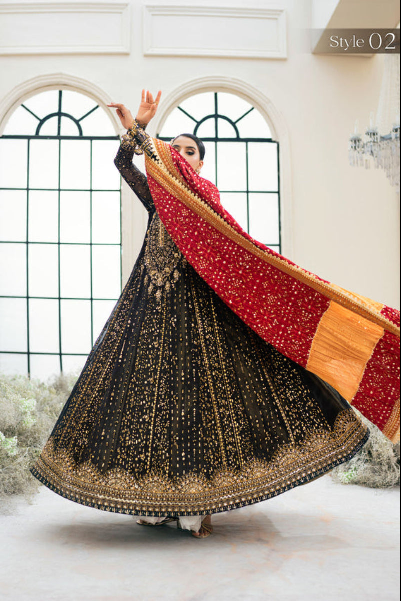 Black Chiffon Embroidered 3-Piece Suit with Scarlet Silk Shawl – Ready to Wear