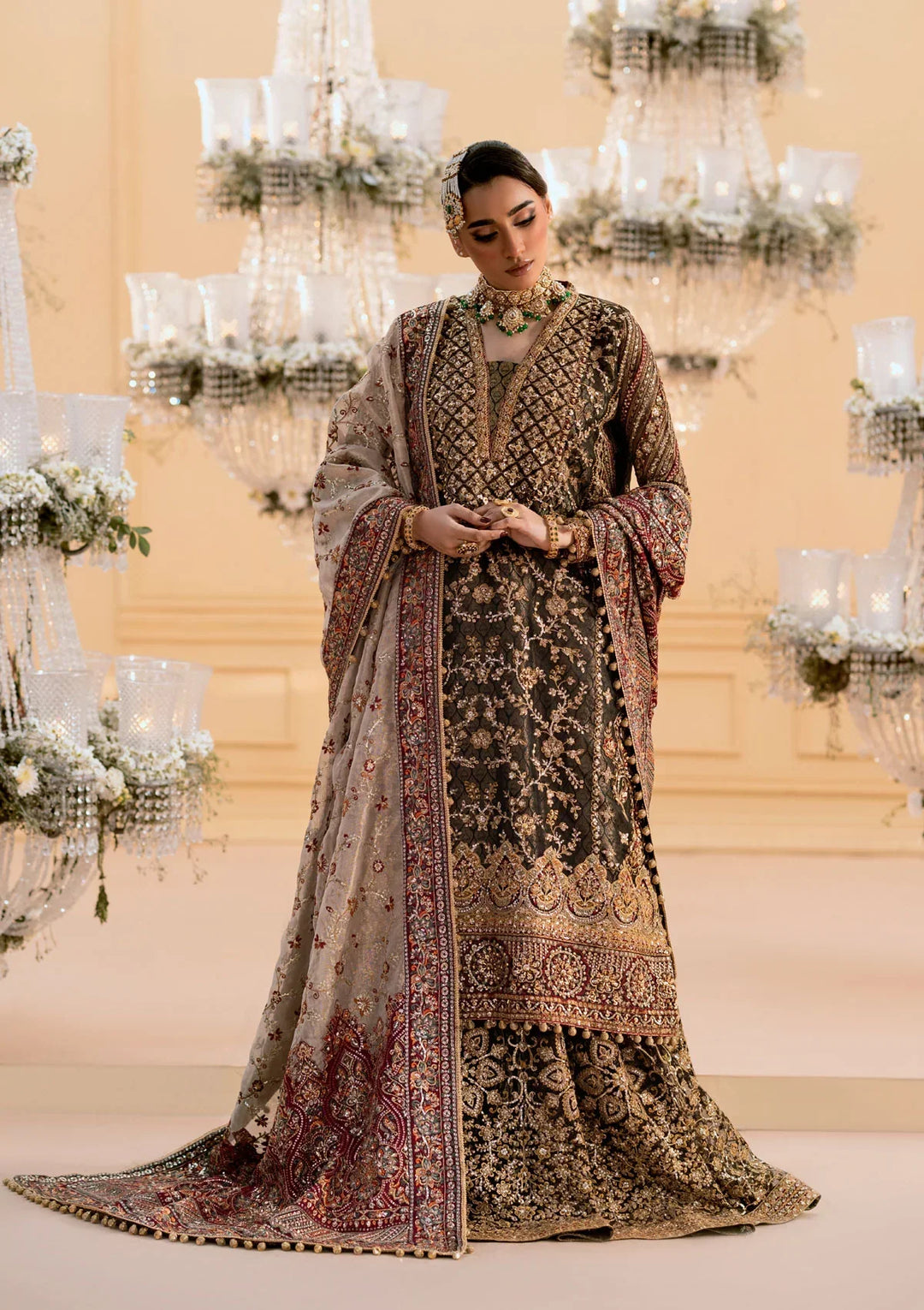 Deep Antique Bronze &amp; Charcoal: Embroidered Organza Suit | Ready To Wear