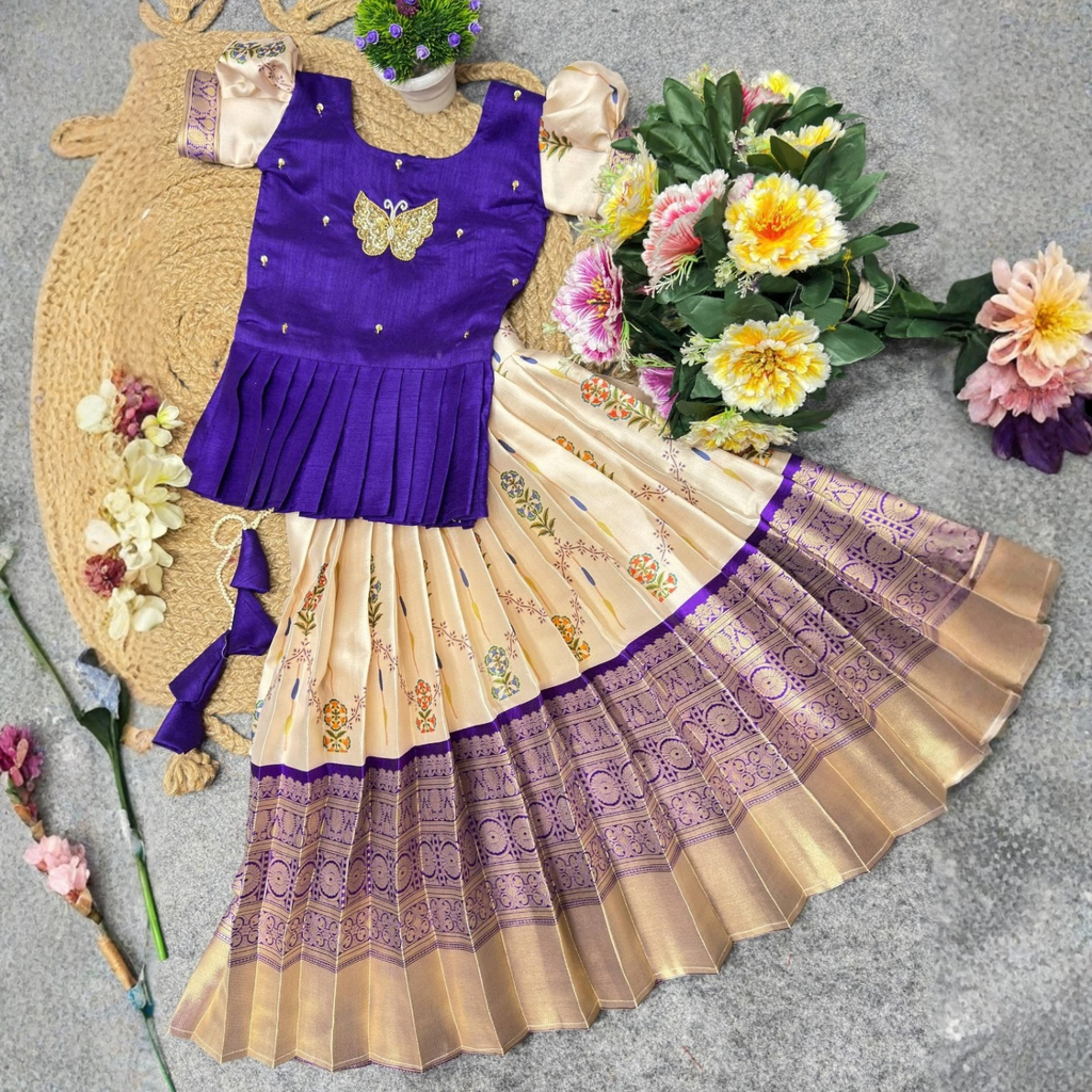 Premium Jacquard Pure Zari Weaving Work Lehenga For Kids