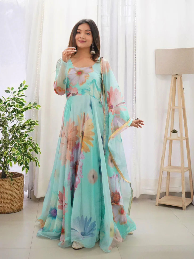 Elegant Party Wear Organza Taby Silk Gown with Dupatta