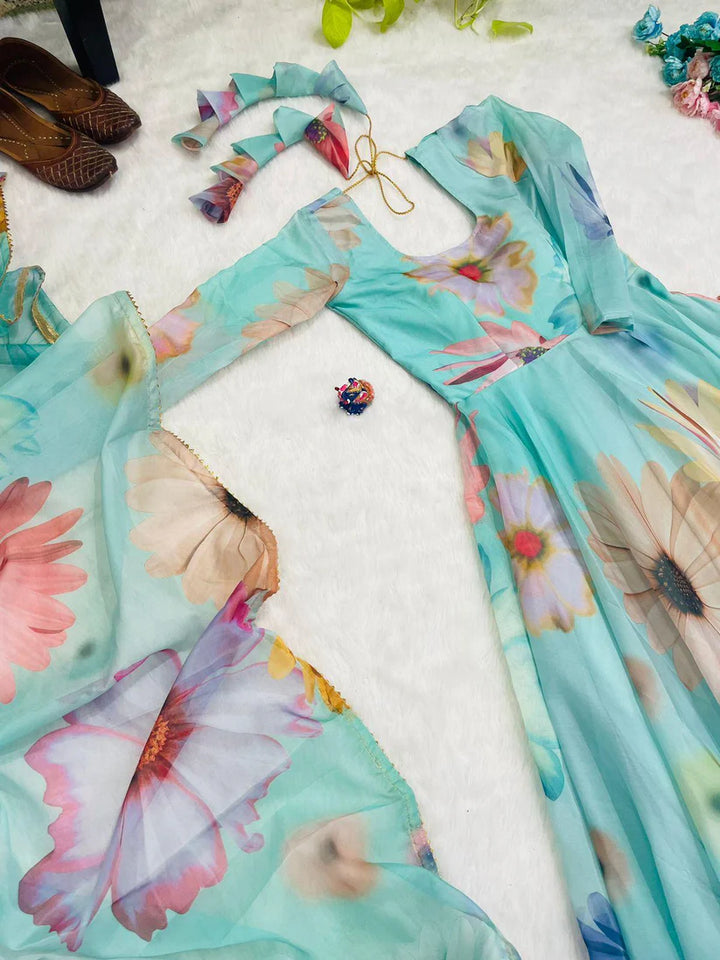 Elegant Party Wear Organza Taby Silk Gown with Dupatta