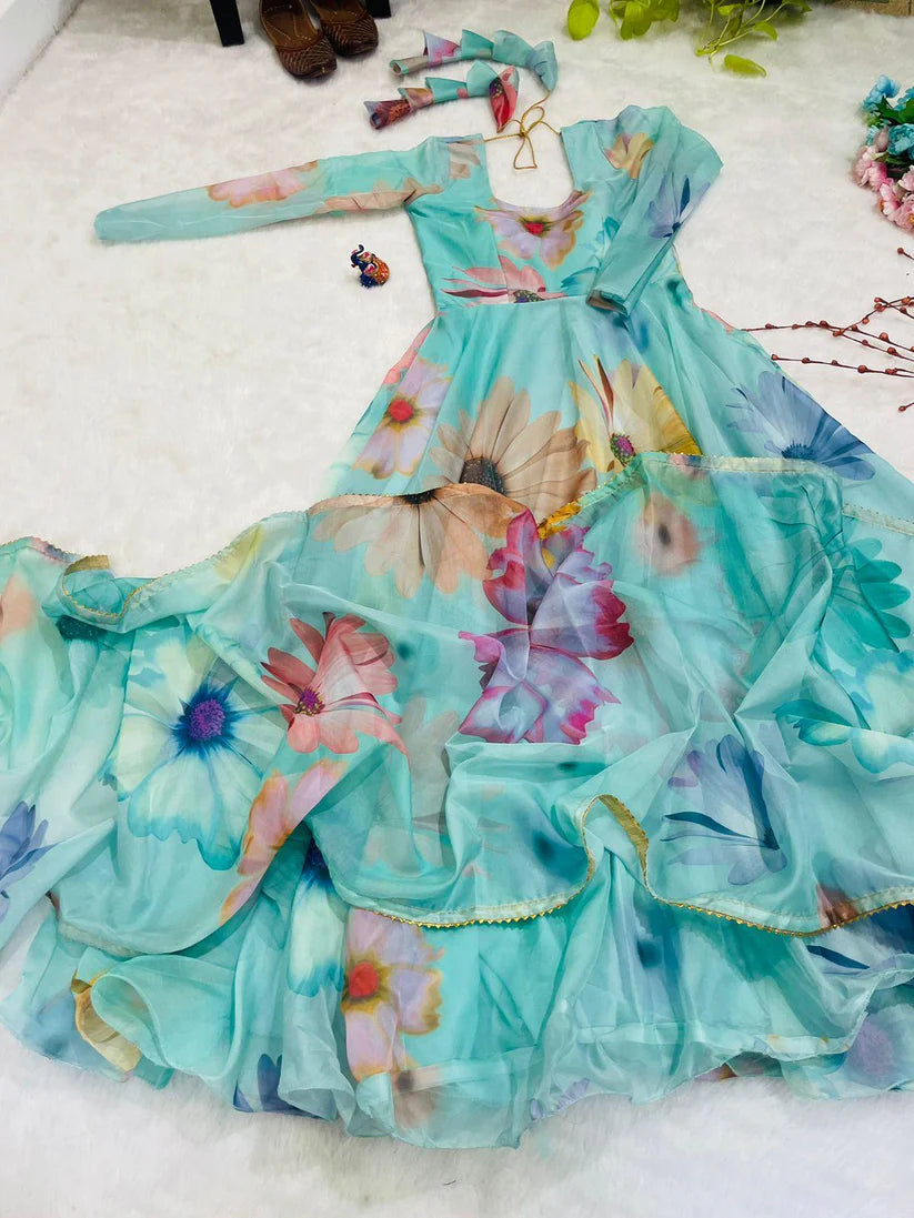 Elegant Party Wear Organza Taby Silk Gown with Dupatta