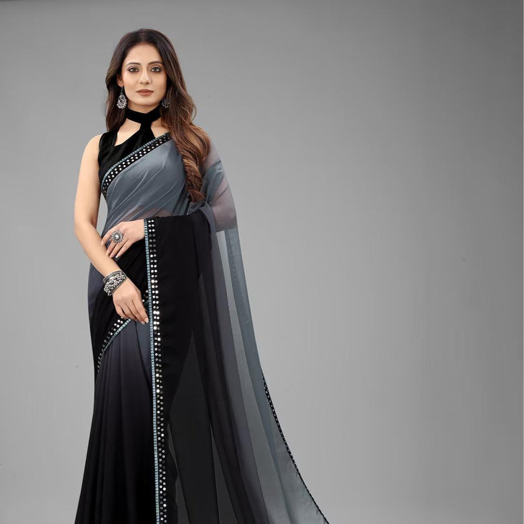Unstitched Women's Ombré Georgette Saree with Mirror-Work Lace & Velvet Blouse Fabric