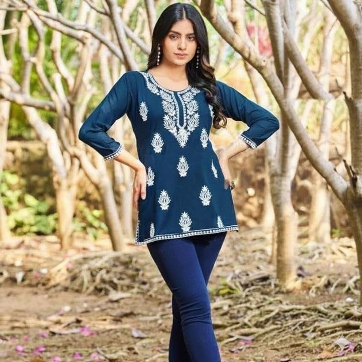 Elegant Rayon Front  Embroidery Work Kurti For Women 001