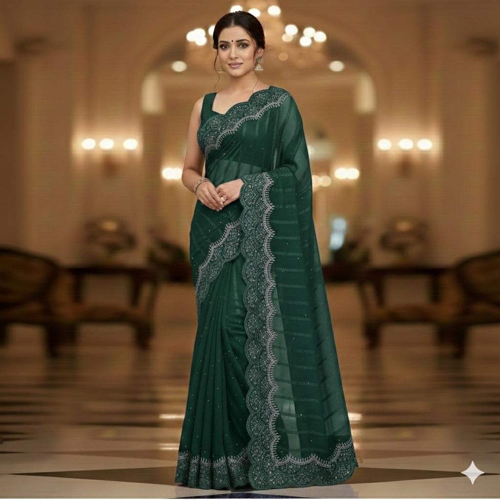 Stone Work Chiffon Georgette Material Saree Unstitched