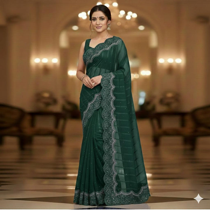 Stone Work Chiffon Georgette Material Saree Unstitched