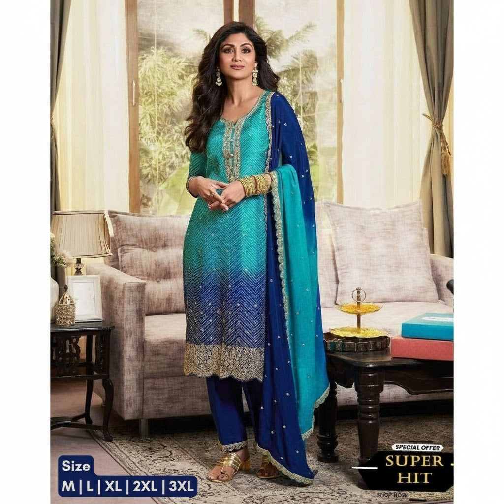 Designer Fancy Pure Chinnon Silk  3Pcs Suit For Women 003