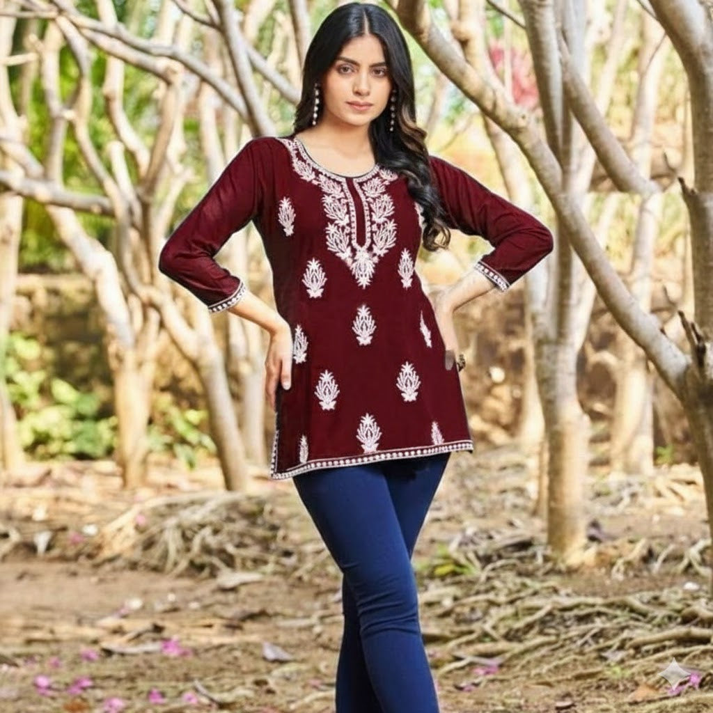 Elegant Rayon Front  Embroidery Work Kurti For Women 001