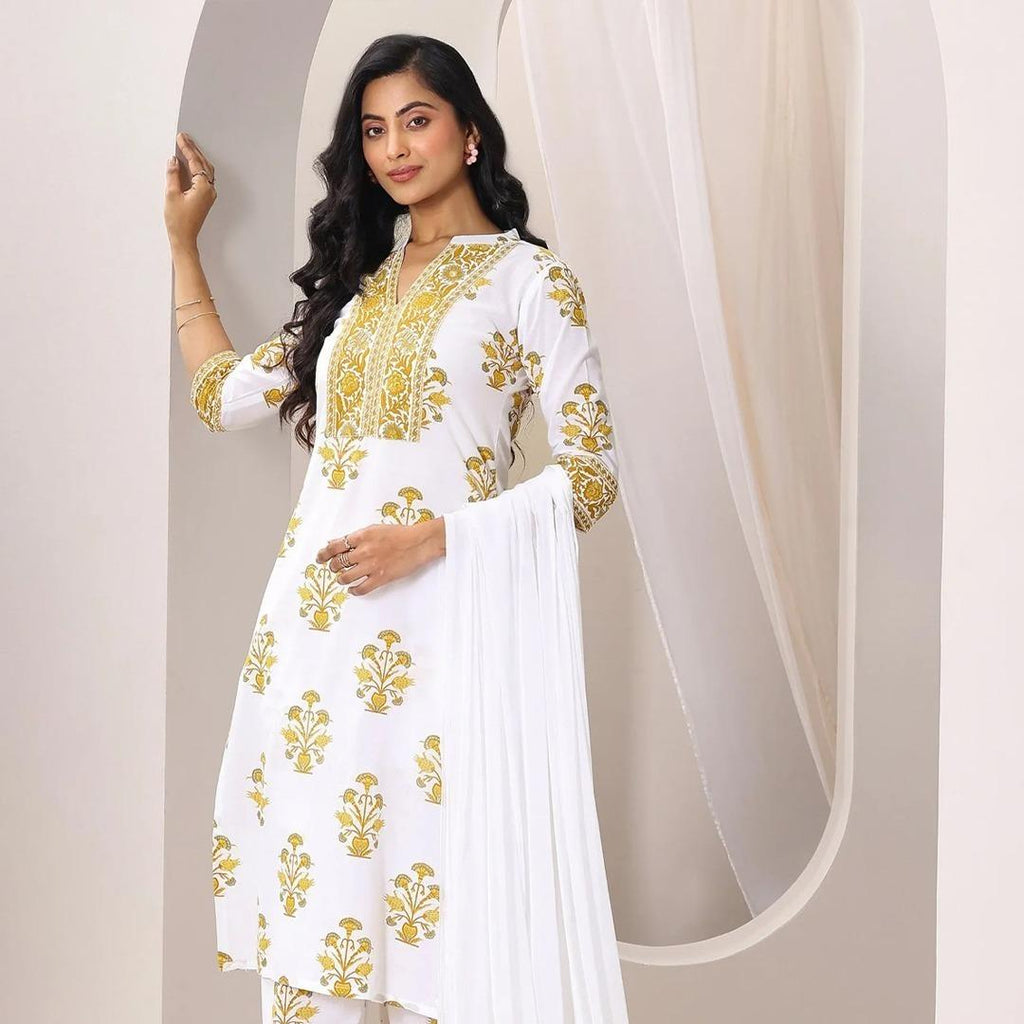 White Printed Cotton 3PCS Suit For Women