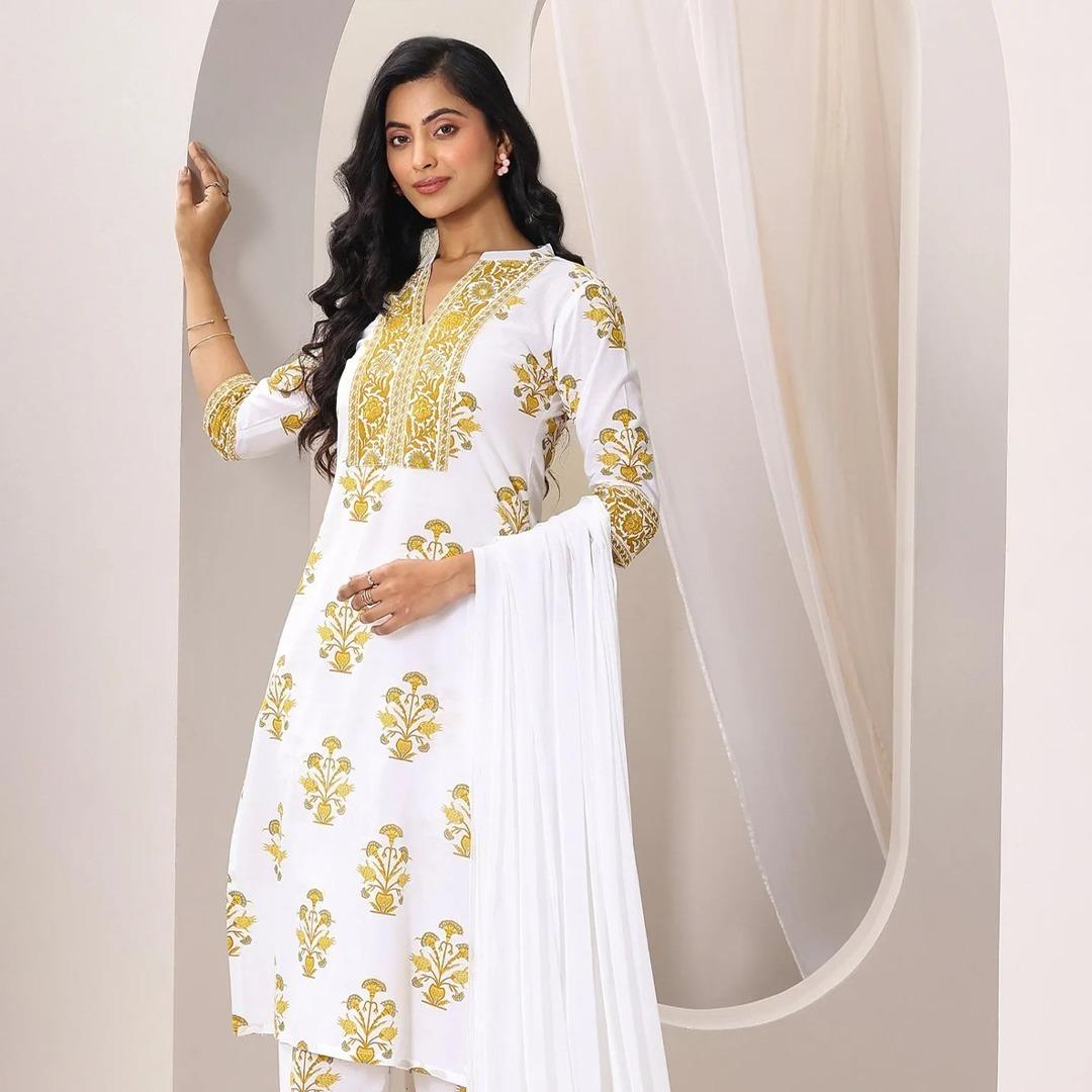 White Printed Cotton 3PCS Suit For Women