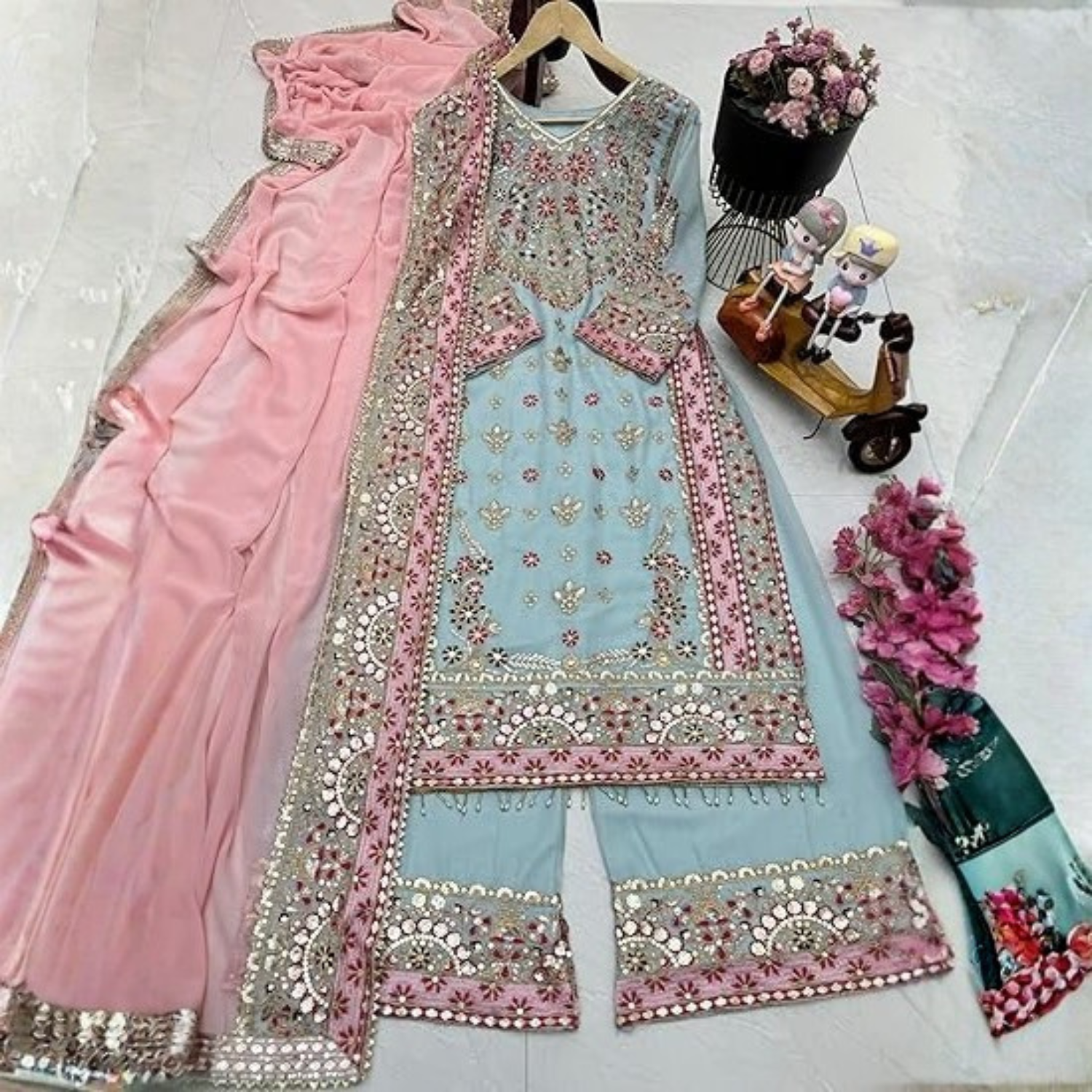 Pink & Sea Green Embroidery 3Pcs Suit  For Women 003