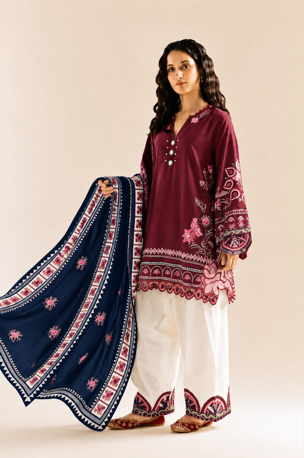 Heavy Embroidered 3-Piece Farshi Trouser Suit with Chiffon  Dupatta | Ready To Wear