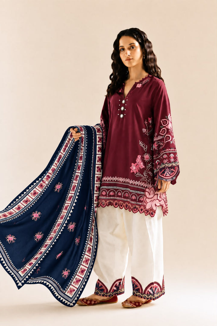 Heavy Embroidered 3-Piece Farshi Trouser Suit with Chiffon  Dupatta | Ready To Wear