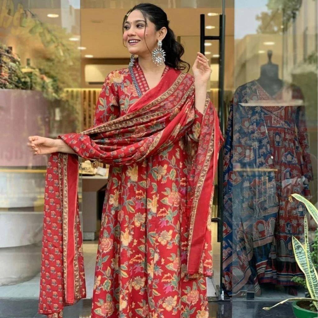 Designer Cotton Anarkali 3Pcs Gown Set For Women 003