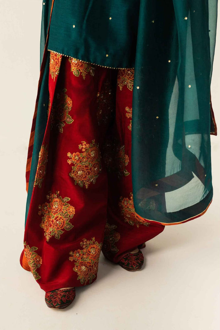 Emerald Green Semi Pure Chiffon Embroidered 3-Piece suit | Ready to Wear