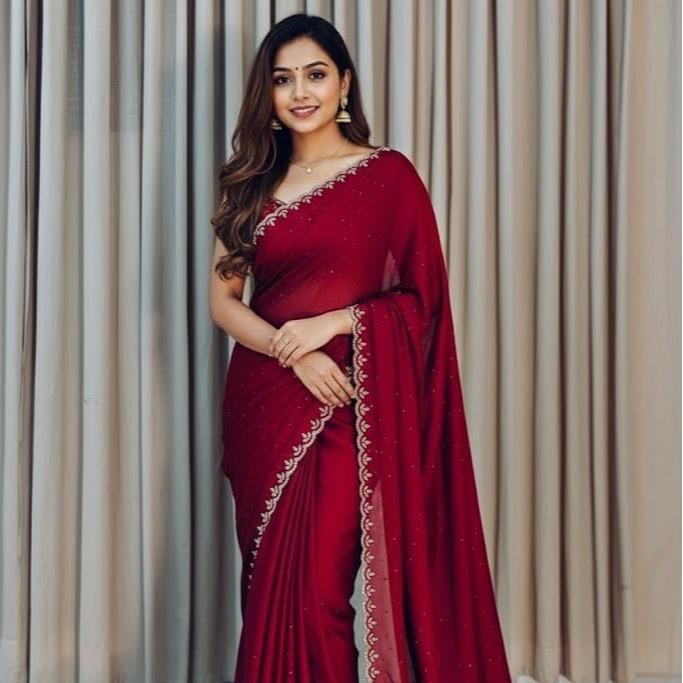 SIROSKI WORK CHIFFON FABRIC UNSTITCHED BLOUSE SAREE FOR WOMEN