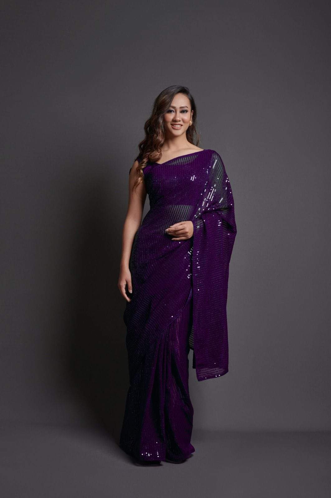 Fashion Berry Plain Sequence Party Wear Style Fancy Saree