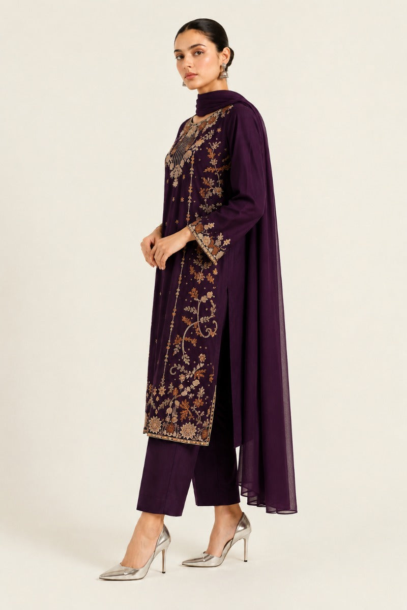 Dark Purple Premium Shesha Silk 3-Piece Formal Suit - side