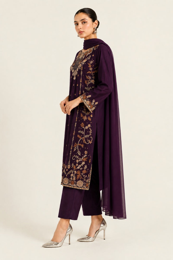 Dark Purple Premium Shesha Silk 3-Piece Formal Suit - side