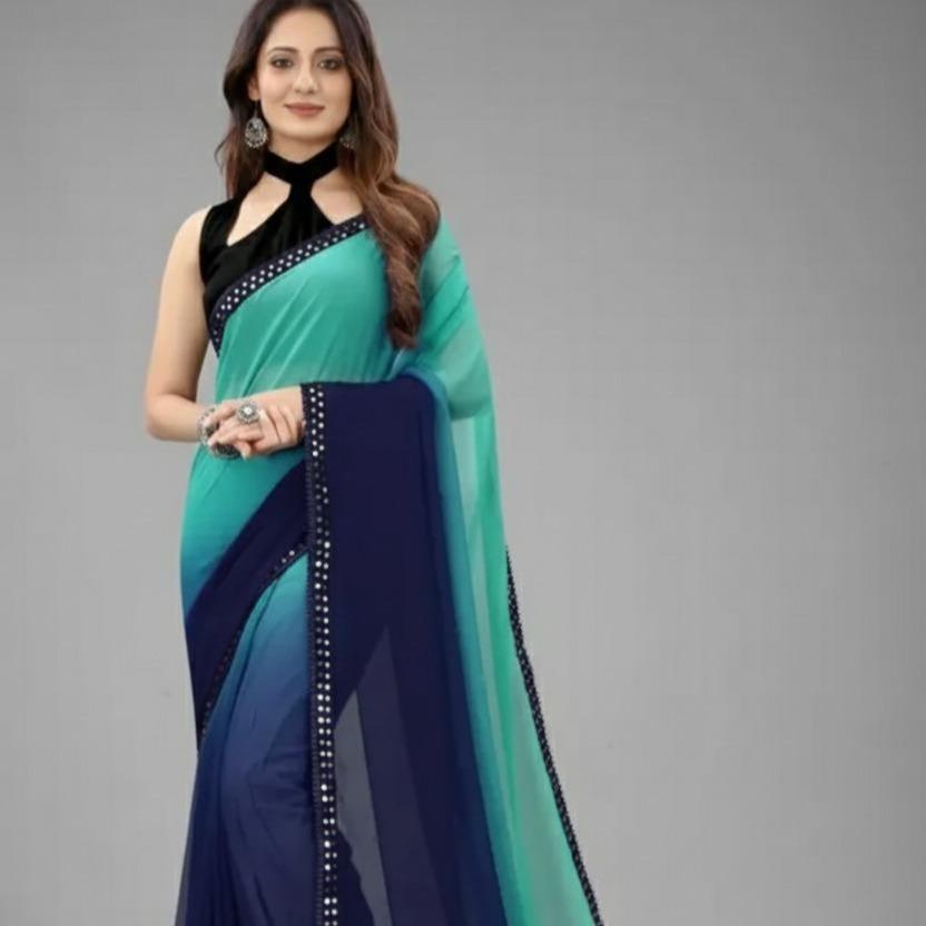 Unstitched Women's Ombré Georgette Saree with Mirror-Work Lace & Velvet Blouse Fabric