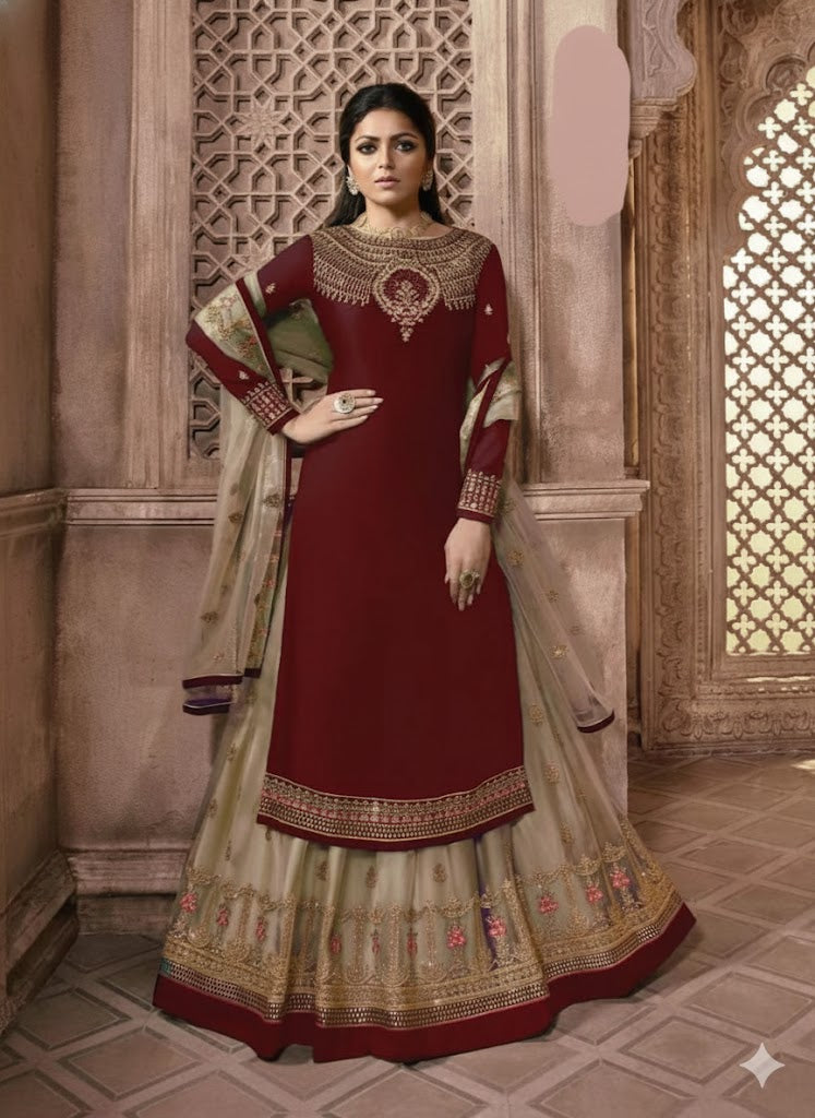 Embroidered Georgette & Net Anarkali 3Pcs Gown For Women