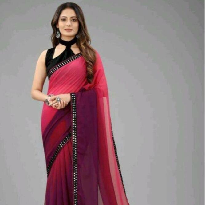 Unstitched Women's Ombré Georgette Saree with Mirror-Work Lace & Velvet Blouse Fabric