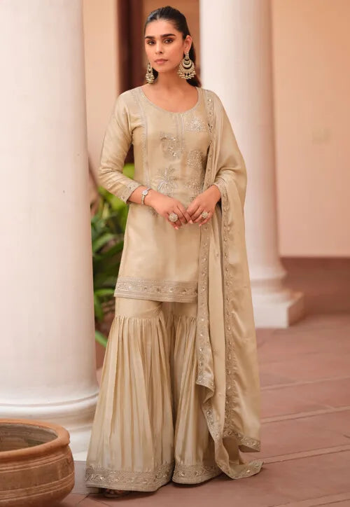 Embroidered Silk Satin Pakistani Suit