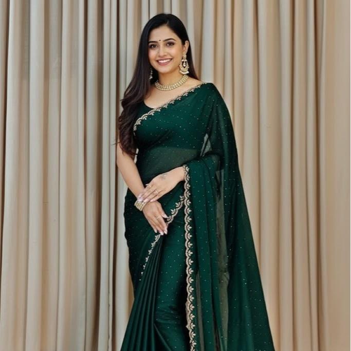 SIROSKI WORK CHIFFON FABRIC UNSTITCHED BLOUSE SAREE FOR WOMEN