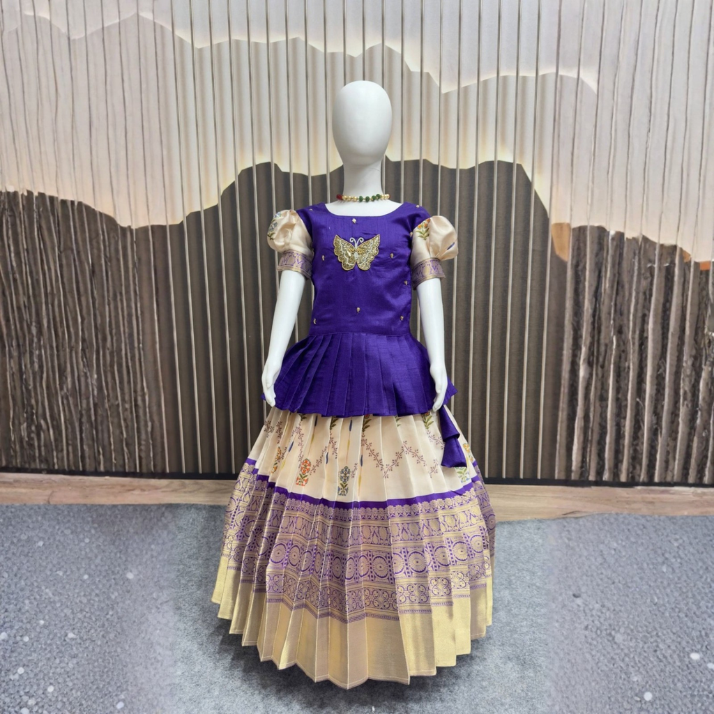 Premium Jacquard Pure Zari Weaving Work Lehenga For Kids