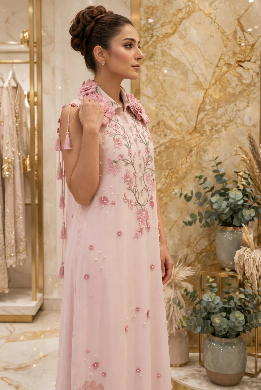 Pink 3D Floral Embroidered Sleeveless Maxi Dress Ready to Wear