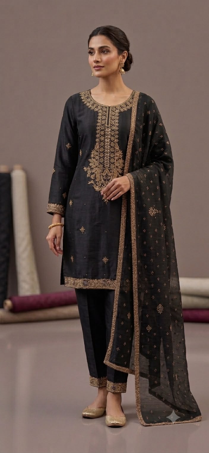 Black Sheesha Silk 3-Piece Formal Suit - front