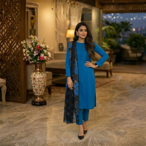 Plain 3PCS Suit Collection With Printed Dupatta  For Women 003