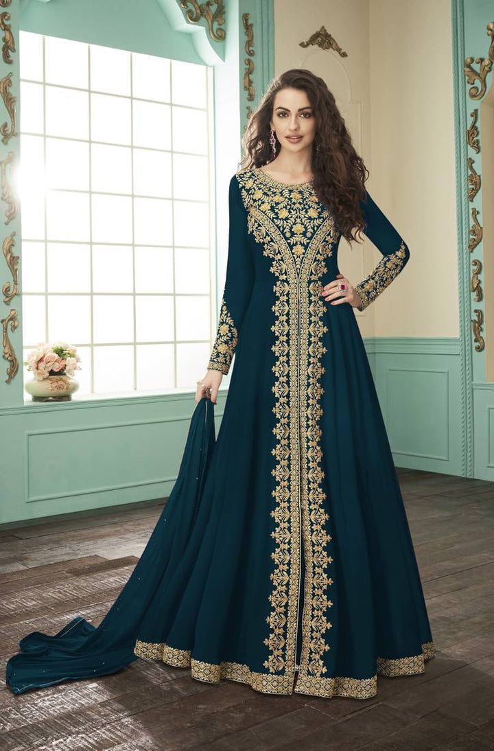 Teal Embroidered Heavy Faux Georgette Stylish Gown